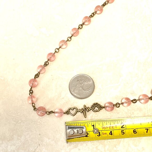 Cute Cherry Quartz Bronze Paw Print Heart Beat Adjustable Pendant Choker - Picture 14 of 16